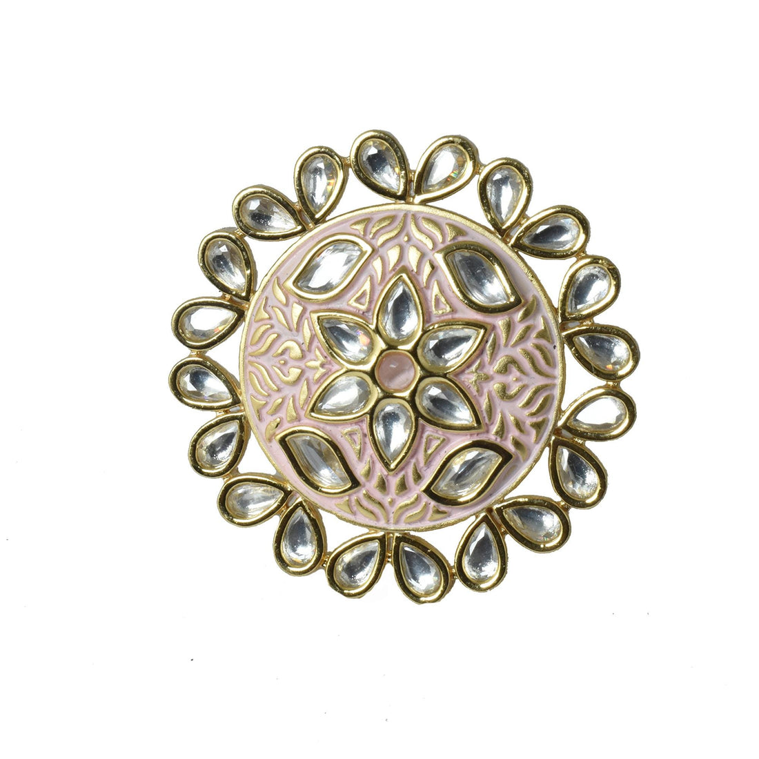 Traditional Mint Pink Kundan Ring | Adjustable Handcrafted Indian Bridal Jewelry | 22K Gold Plated Statement Ring | Anniversary Gift — 2