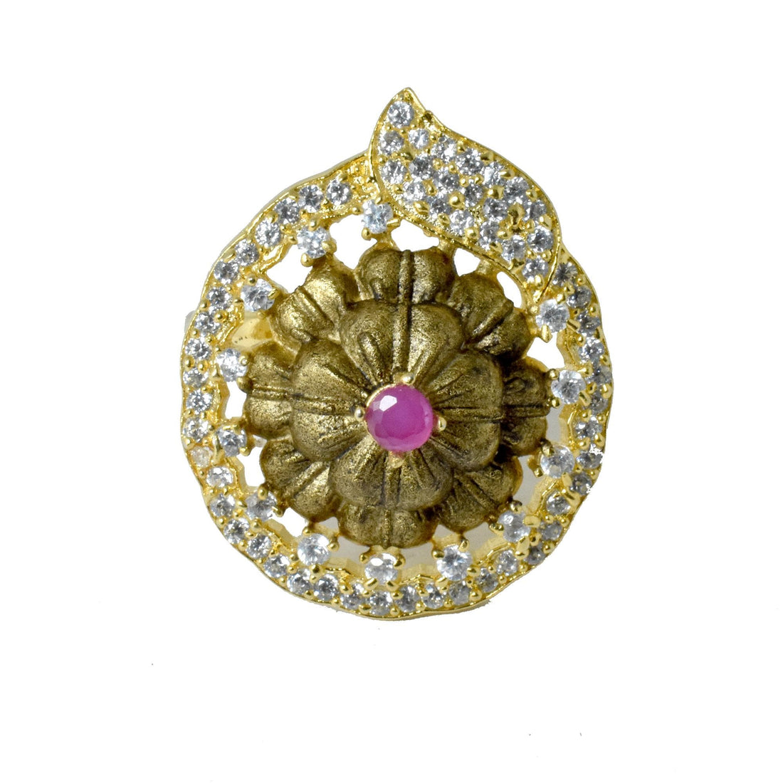Handmade Ruby and Cubic Zirconia Diamond Ring |22K Gold Plated Bridal Cocktail Ring | Wedding Ring |Festive Statement Jewelry | Gift For Her — 3