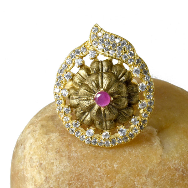Handmade Ruby and Cubic Zirconia Diamond Ring |22K Gold Plated Bridal Cocktail Ring | Wedding Ring |Festive Statement Jewelry | Gift For Her
