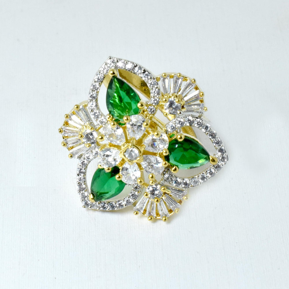Adjustable Green Quartz & CZ Diamond Bridal Ring | 22K Gold Plated Wedding Statement Cocktail Jewelry | Engagement Ring | Gift For Her — 7