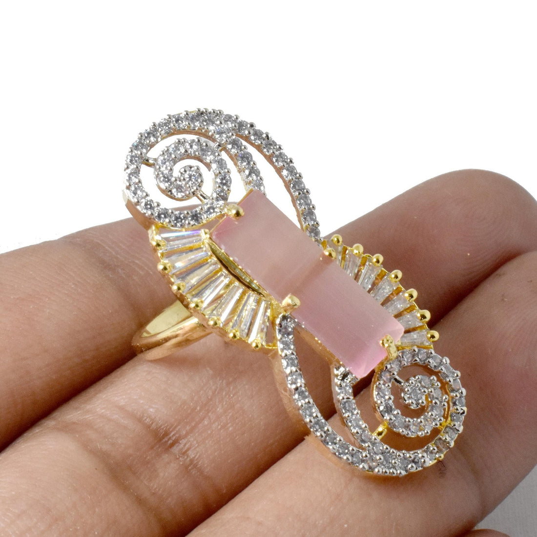 Chalcedony & CZ Diamond Bridal Ring | Gold Plated Wedding Statement Cocktail Jewelry | Engagement Party Wear Ring | Gift For Her — 5