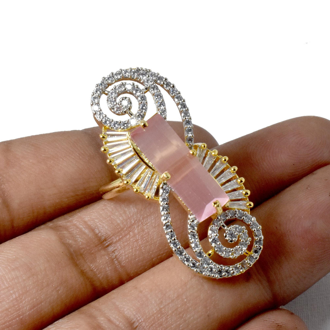 Chalcedony & CZ Diamond Bridal Ring | Gold Plated Wedding Statement Cocktail Jewelry | Engagement Party Wear Ring | Gift For Her — 4