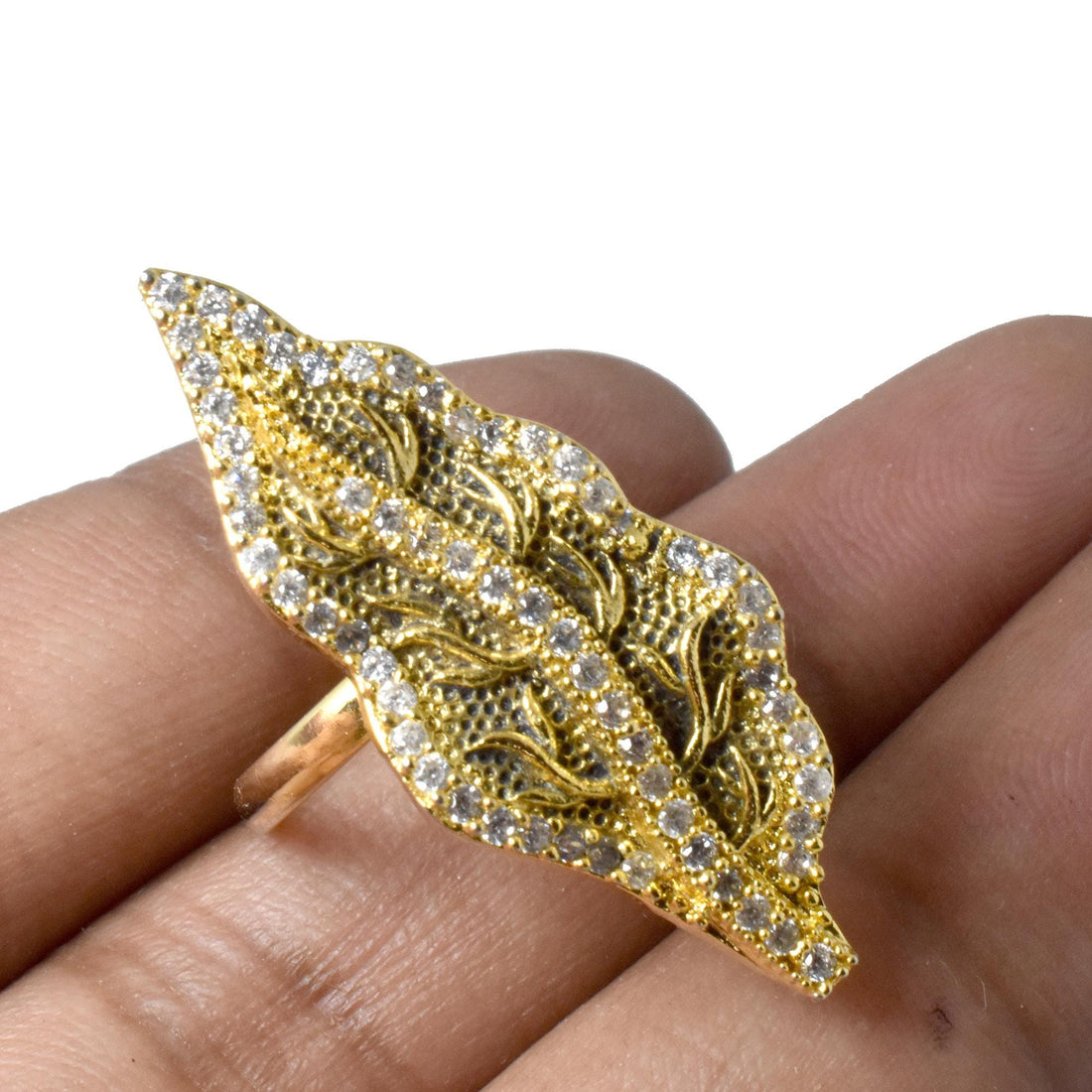 Gold Plated Leaf Ring | Adjustable CZ Cocktail Ring | Handmade Indian Statement Jewelry | Bridal Ring | Elegant Ring | Gift for Her — 2