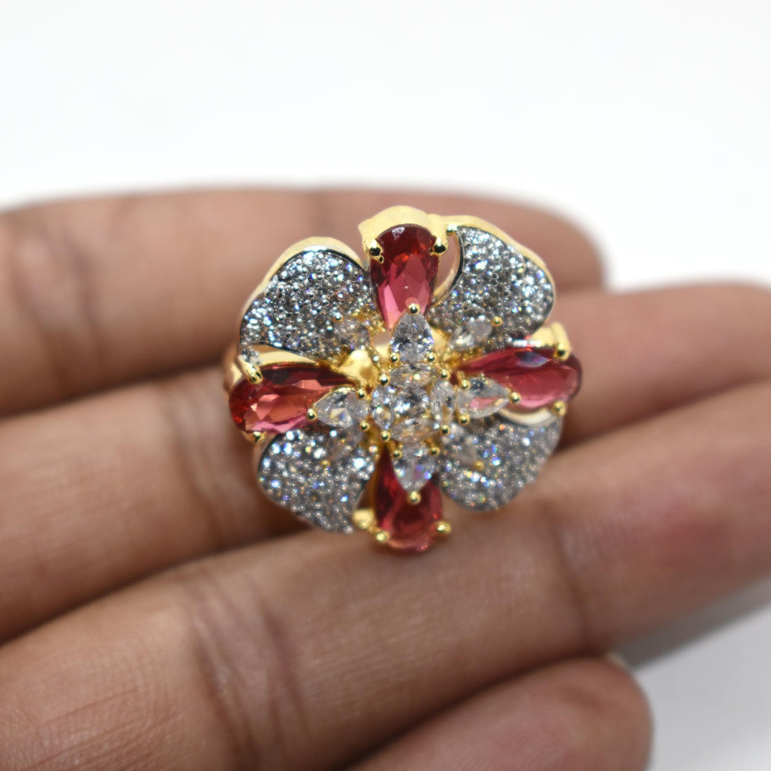 Vintage Ruby Sapphire CZ Diamond Ring: Gold Plated Pear Shape Promise Ring — 3