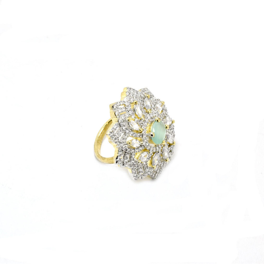Aqua Chalcedony Ring: Gold Plated CZ Diamond Floral Ring — 7