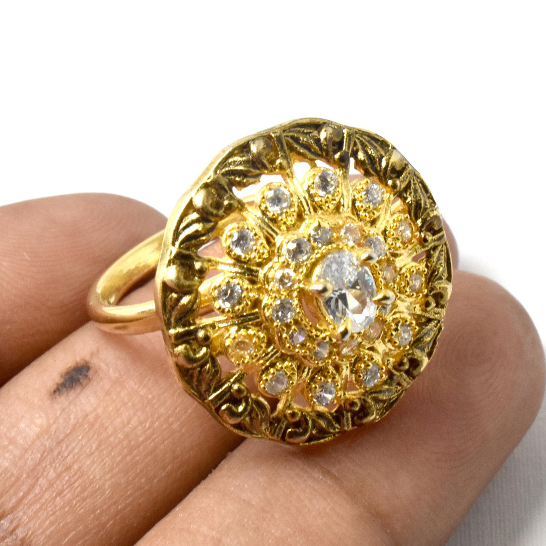 CZ Diamond Gold Plated Ring: Adjustable Floral Design — 6
