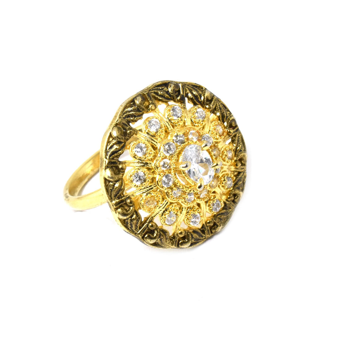 CZ Diamond Gold Plated Ring: Adjustable Floral Design — 8