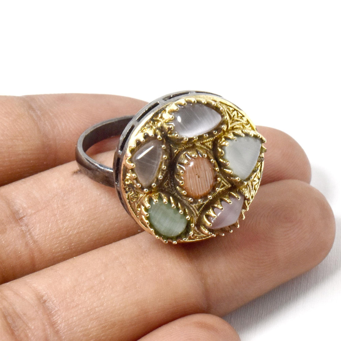 Multi Stone Ring: Black Plated Adjustable Cocktail Ring — 3