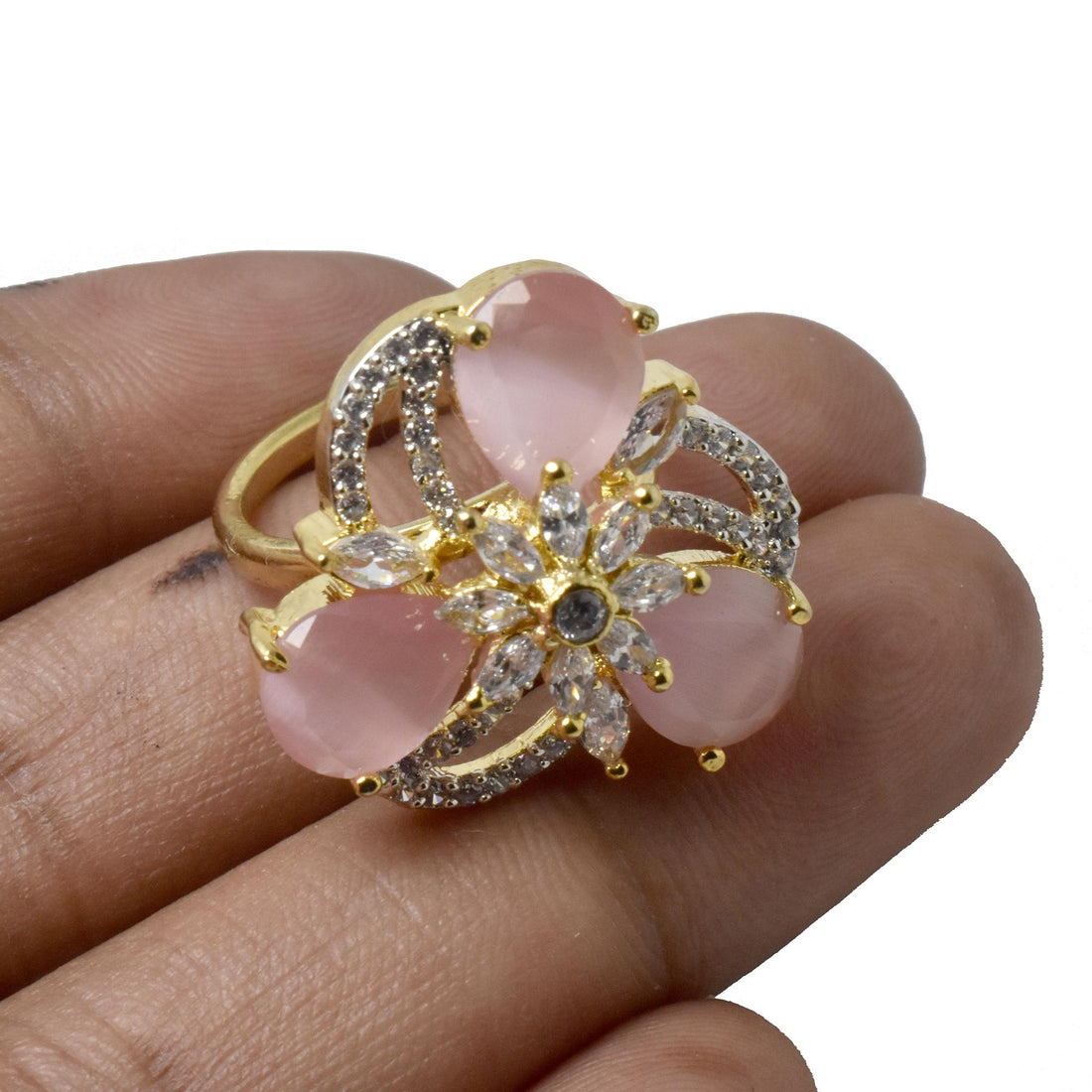 Rose Quartz Ring: Gold Plated Pear Stone & CZ Diamond — 6