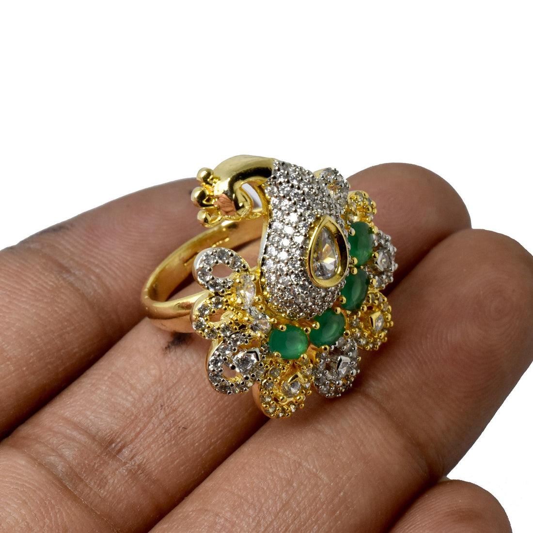 Emerald CZ Diamond Peacock Ring: 22k Gold Plated Kundan Jewelry — 4