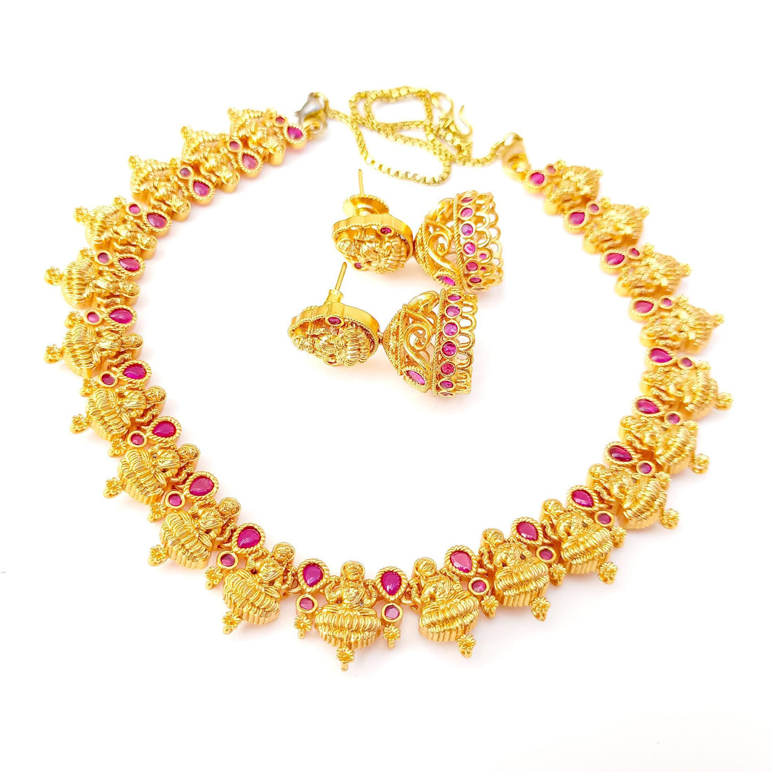 Goddess Lakshmi Ruby Necklace Set | 22k Gold Plated South Indian Temple Jewelry | Traditional Bollywood Style Bridal Necklace — 7