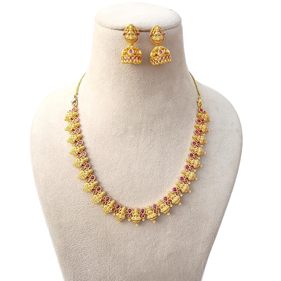 Goddess Lakshmi Ruby Necklace Set | 22k Gold Plated South Indian Temple Jewelry | Traditional Bollywood Style Bridal Necklace — 2