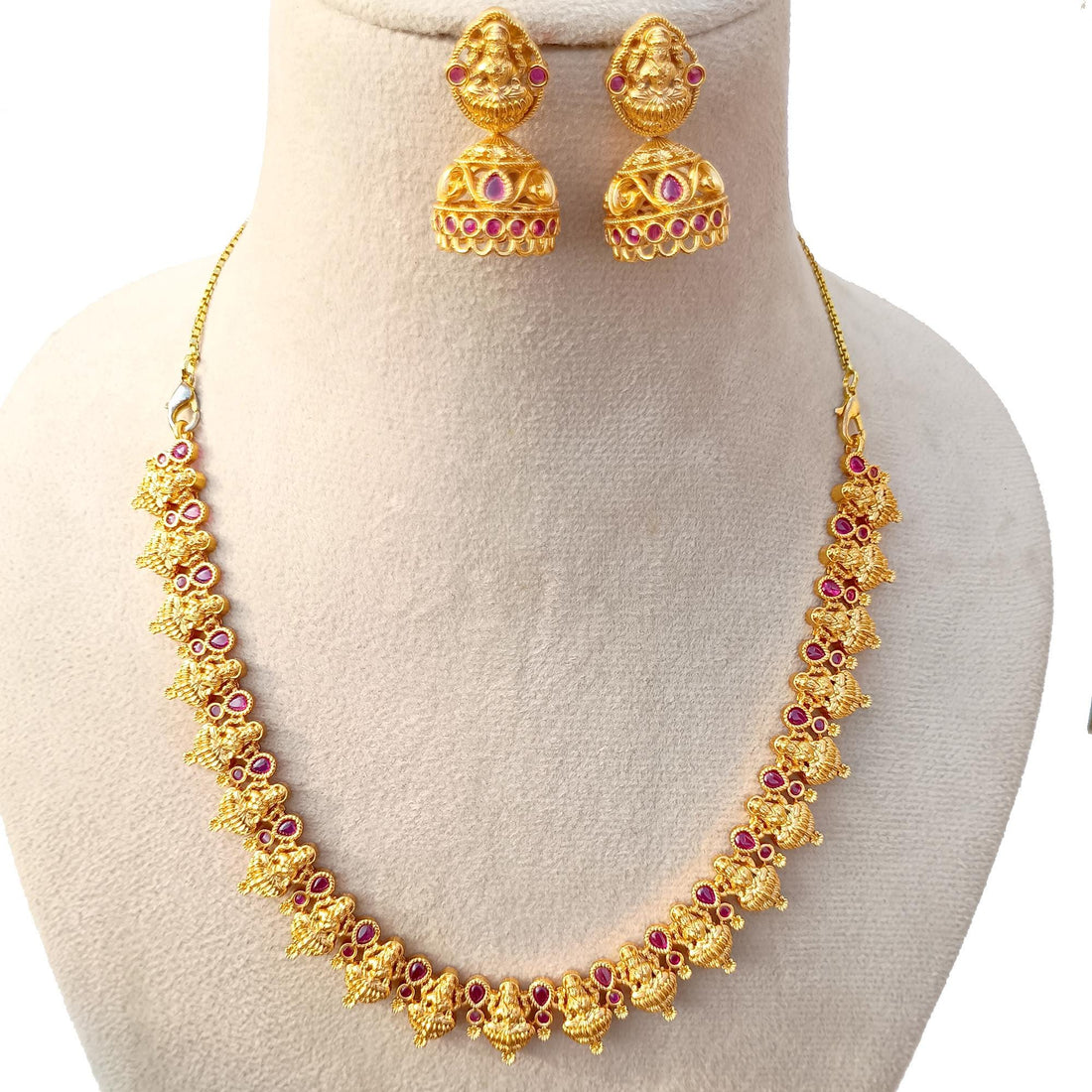 Goddess Lakshmi Ruby Necklace Set | 22k Gold Plated South Indian Temple Jewelry | Traditional Bollywood Style Bridal Necklace — 3
