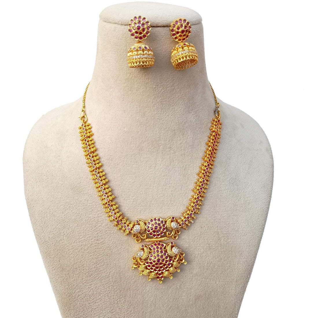 22k Gold Plated Ruby Necklace Set | South Indian Traditional Bollywood Style Jewelry | Gift for Her | Gold Plated Necklace Set for Women — 2