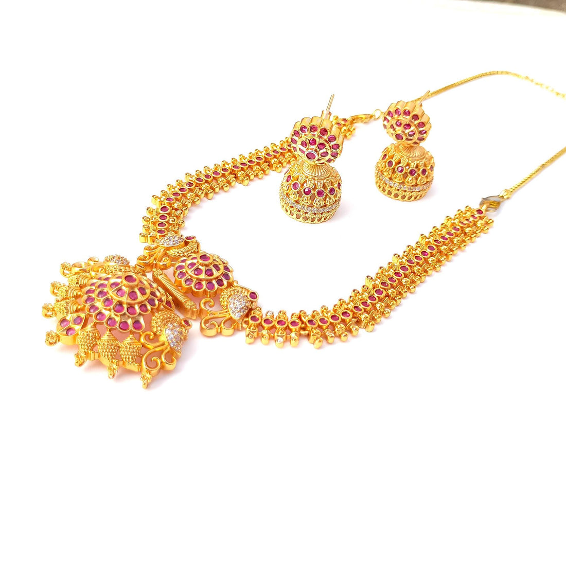 22k Gold Plated Ruby Necklace Set | South Indian Traditional Bollywood Style Jewelry | Gift for Her | Gold Plated Necklace Set for Women — 8