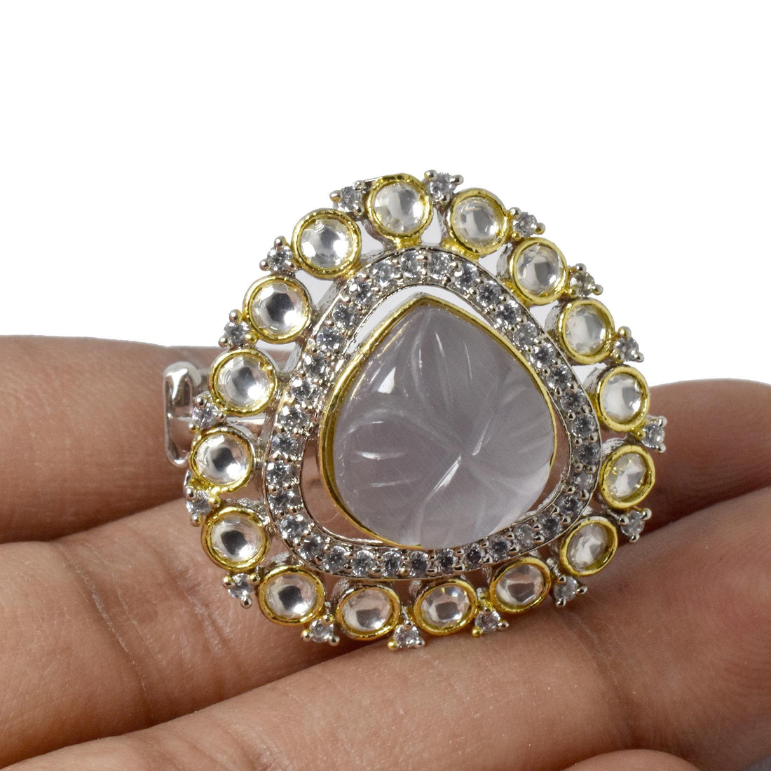 Rose Quartz Carved Ring | White Plated Cocktail Ring | Engagement Ring | Wedding Ring | Bridal Ring | Traditional Statement Jewelry — 4