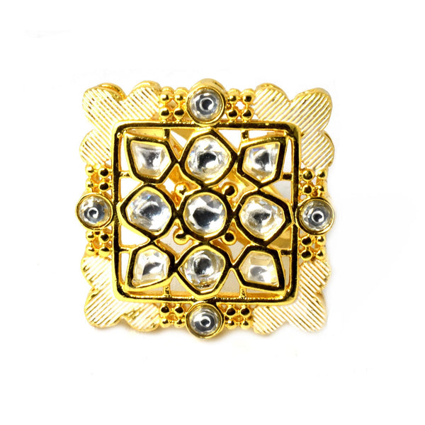 Polki CZ Diamond Ring: 22k Gold Plated Adjustable Statement Ring