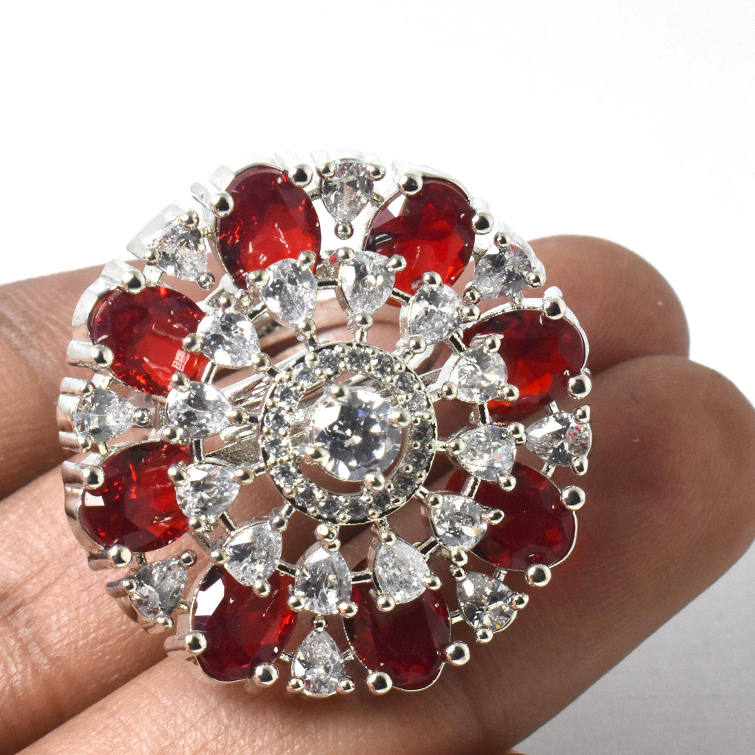 Ruby & CZ Diamond Ring: White Plated Cocktail Statement Ring — 2