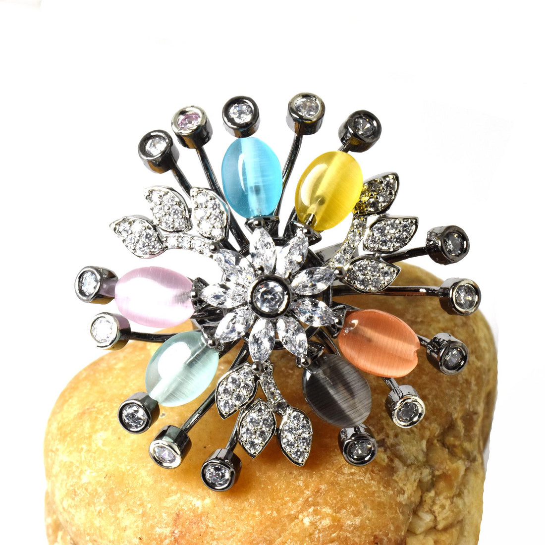 Floral Cat's Eye Stone Cocktail Ring: Adjustable Crystal Statement Jewelry — 6