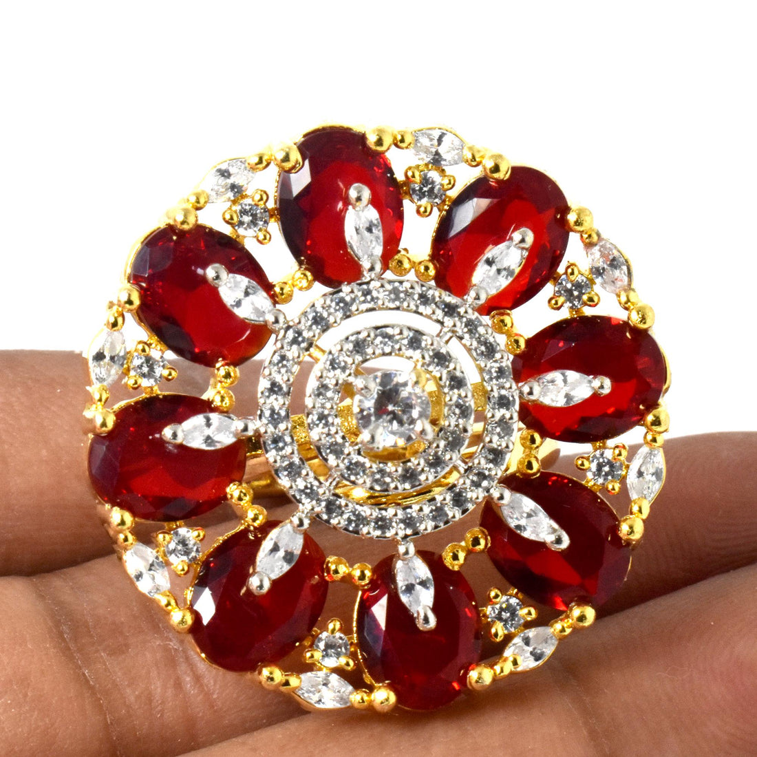 Ruby & CZ Diamond Cocktail Ring: Yellow Gold Plated Statement Jewelry — 1