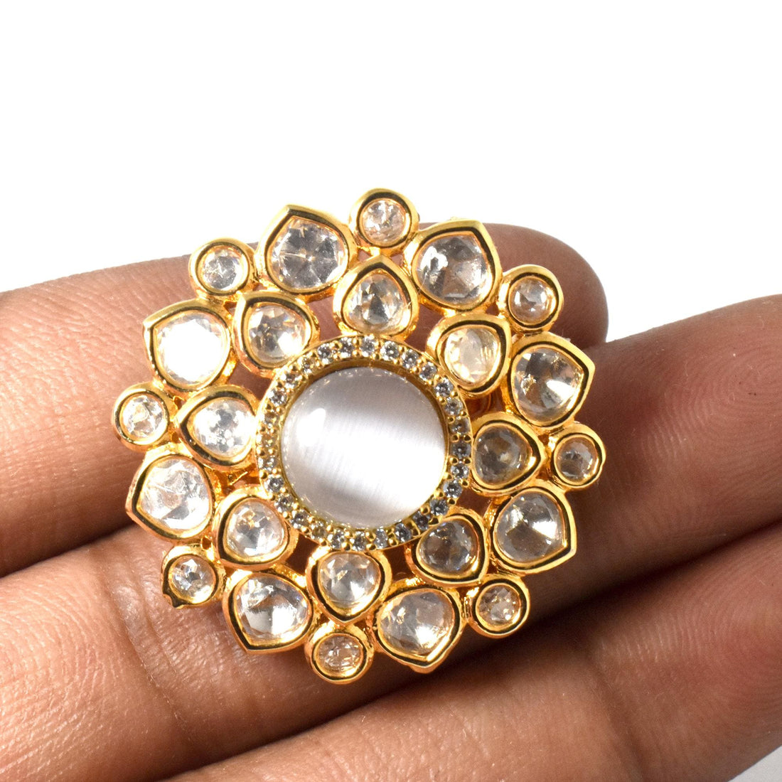 Yellow Gold Plated Selenite Polki CZ Ring | Traditional Indian Bridal Statement Cocktail Jewelry | Engagement Ring | Gift For Women — 5