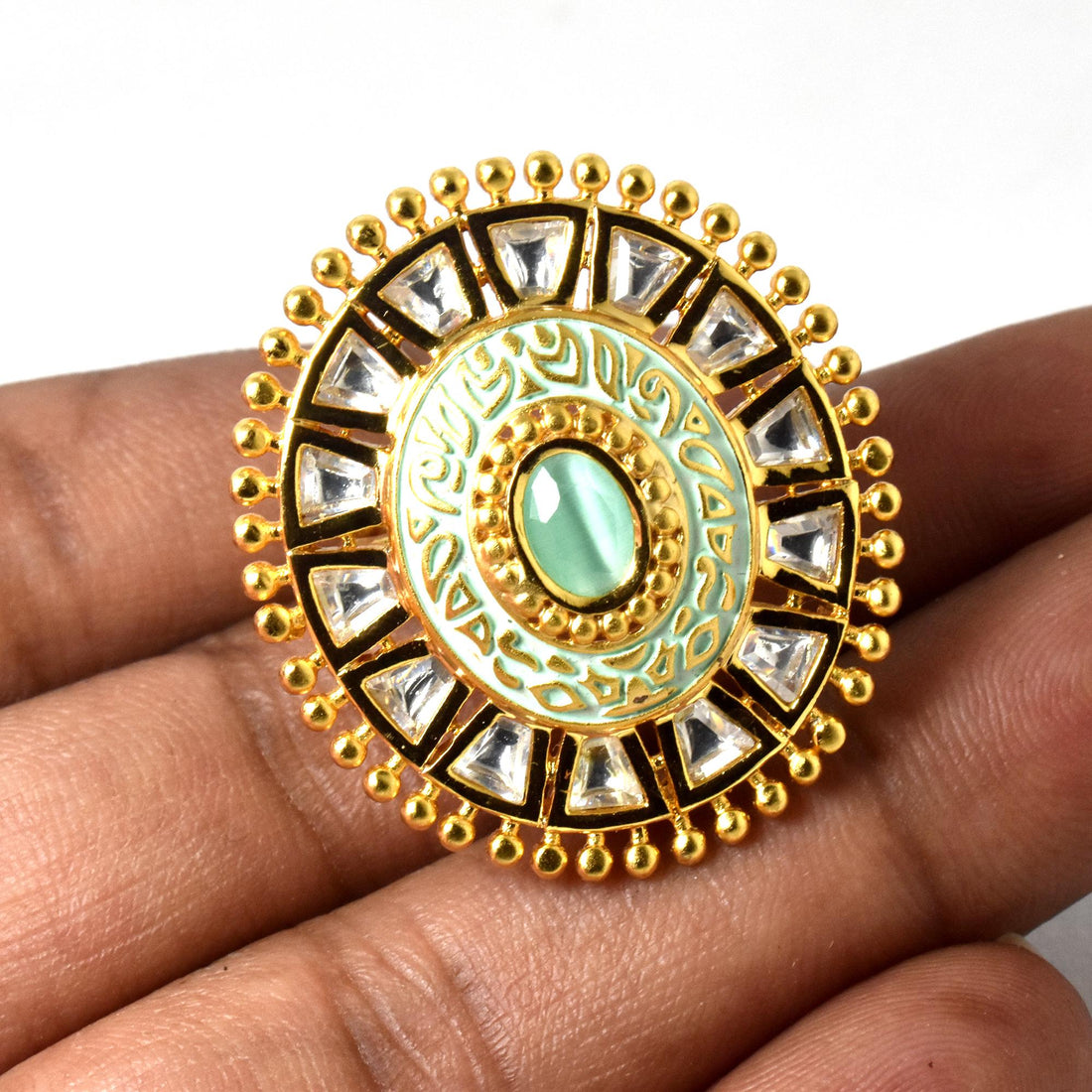 Kundan Polki CZ Diamond Ring | Indian 22K Gold Plated Bridal Statement Cocktail Jewelry | Traditional Wedding Party Wear Ring | Gift For Her — 4