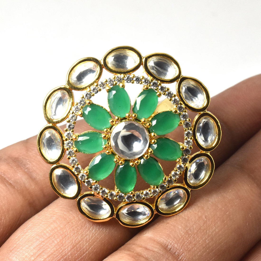 Lab Emerald CZ Diamond Halo Ring | Gold Plated Adjustable Bridal Cocktail Statement Jewelry | Engagement Party Wear Ring | Gift For Women — 4