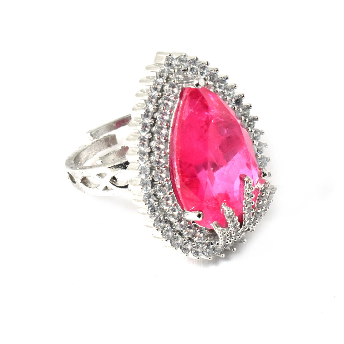 Pink Quartz & CZ Diamond Cocktail Ring - White Plated Adjustable Ring | Gift For Her — 4