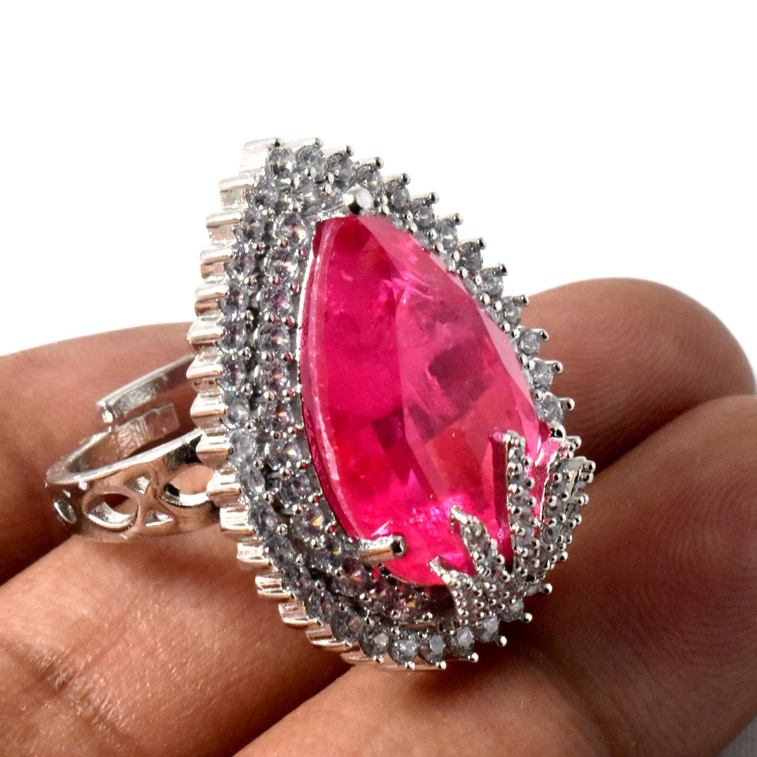 Pink Quartz & CZ Diamond Cocktail Ring - White Plated Adjustable Ring | Gift For Her — 1