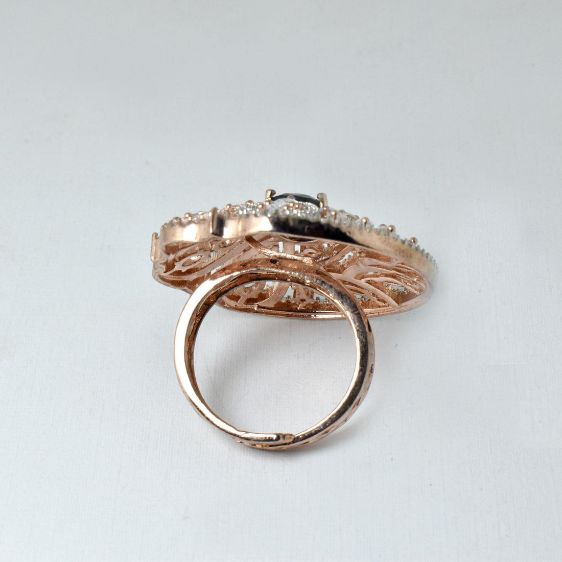 Rose Gold Plated Sapphire Ring with CZ Diamond Halo | Adjustable Bridal Statement Ring | Elegant Cocktail Party Wear Jewelry | Gift For Her — 5