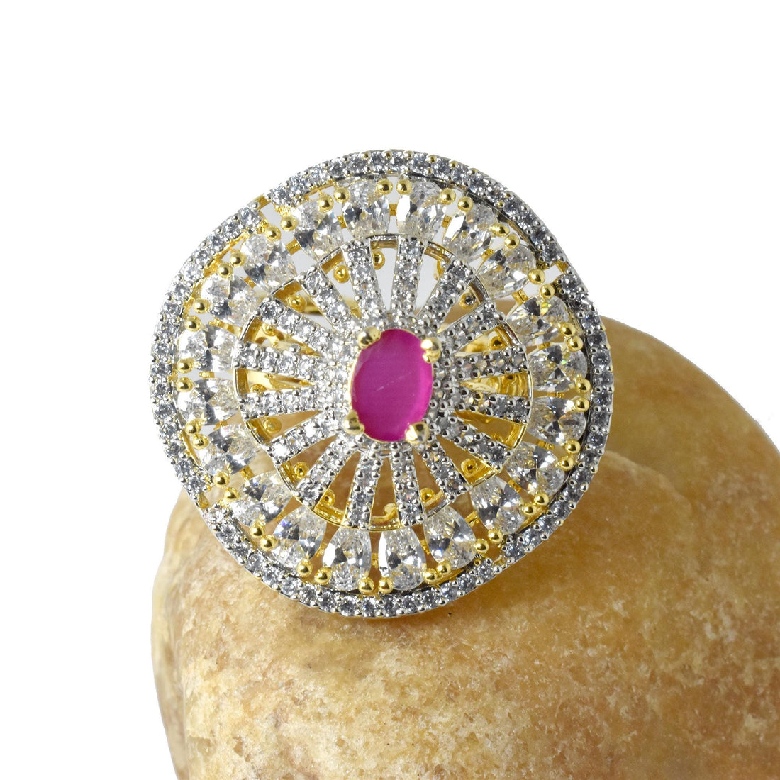 Vintage Ruby CZ Diamond Cocktail Ring | Yellow Gold Plated Victorian Bridal Statement Jewelry | Engagement Party Wear Ring | Gift For Her — 8