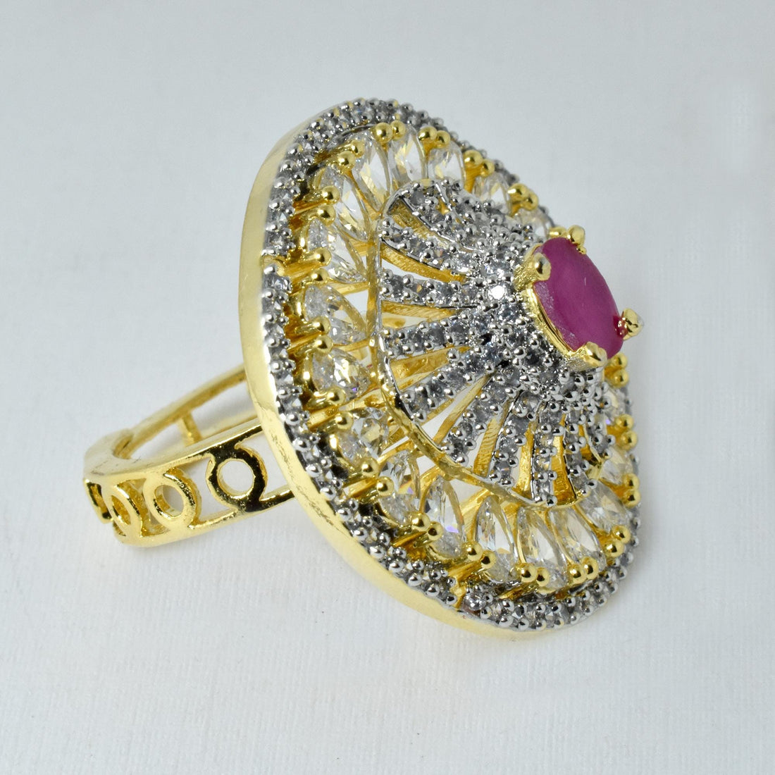 Vintage Ruby CZ Diamond Cocktail Ring | Yellow Gold Plated Victorian Bridal Statement Jewelry | Engagement Party Wear Ring | Gift For Her — 5
