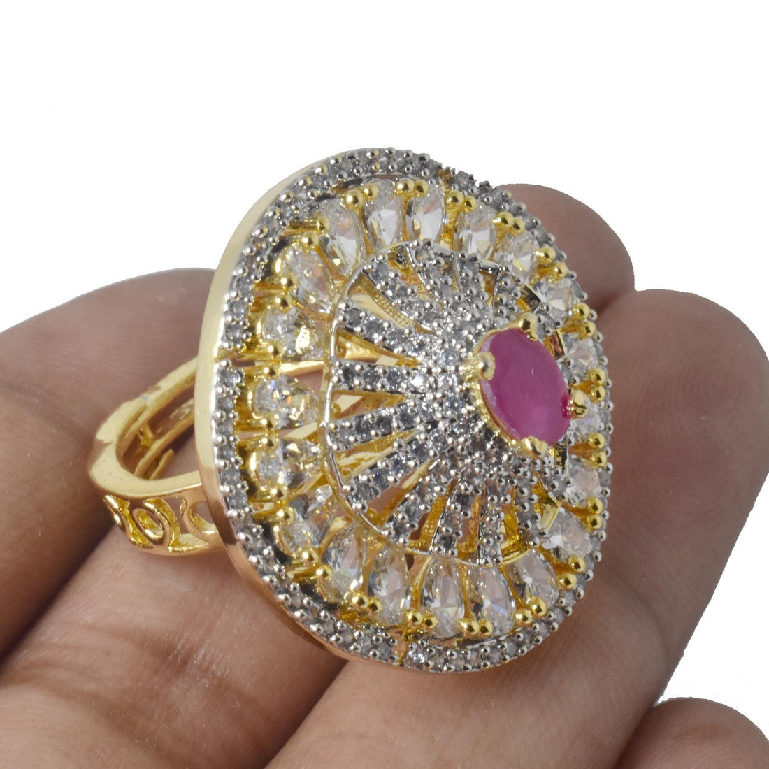 Vintage Ruby CZ Diamond Cocktail Ring | Yellow Gold Plated Victorian Bridal Statement Jewelry | Engagement Party Wear Ring | Gift For Her — 2