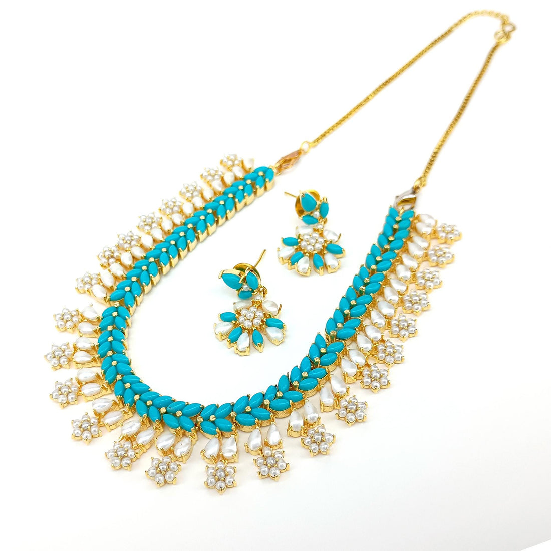 Turquoise and Pearl Choker Necklace Set | Gold Plated Jewelry | Handmade Indian Bridal Necklace with Earrings | Ethnic Statement Jewelry — 1