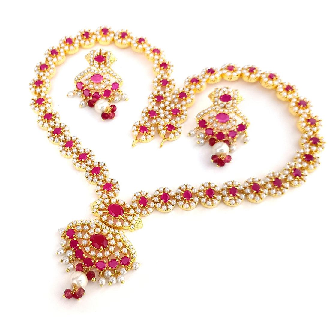 South Indian Ruby Emerald Pearl Long Necklace | Gold Plated Traditional Haram | Bridal Wedding Engagement Jewelry | Gift for Her — 7