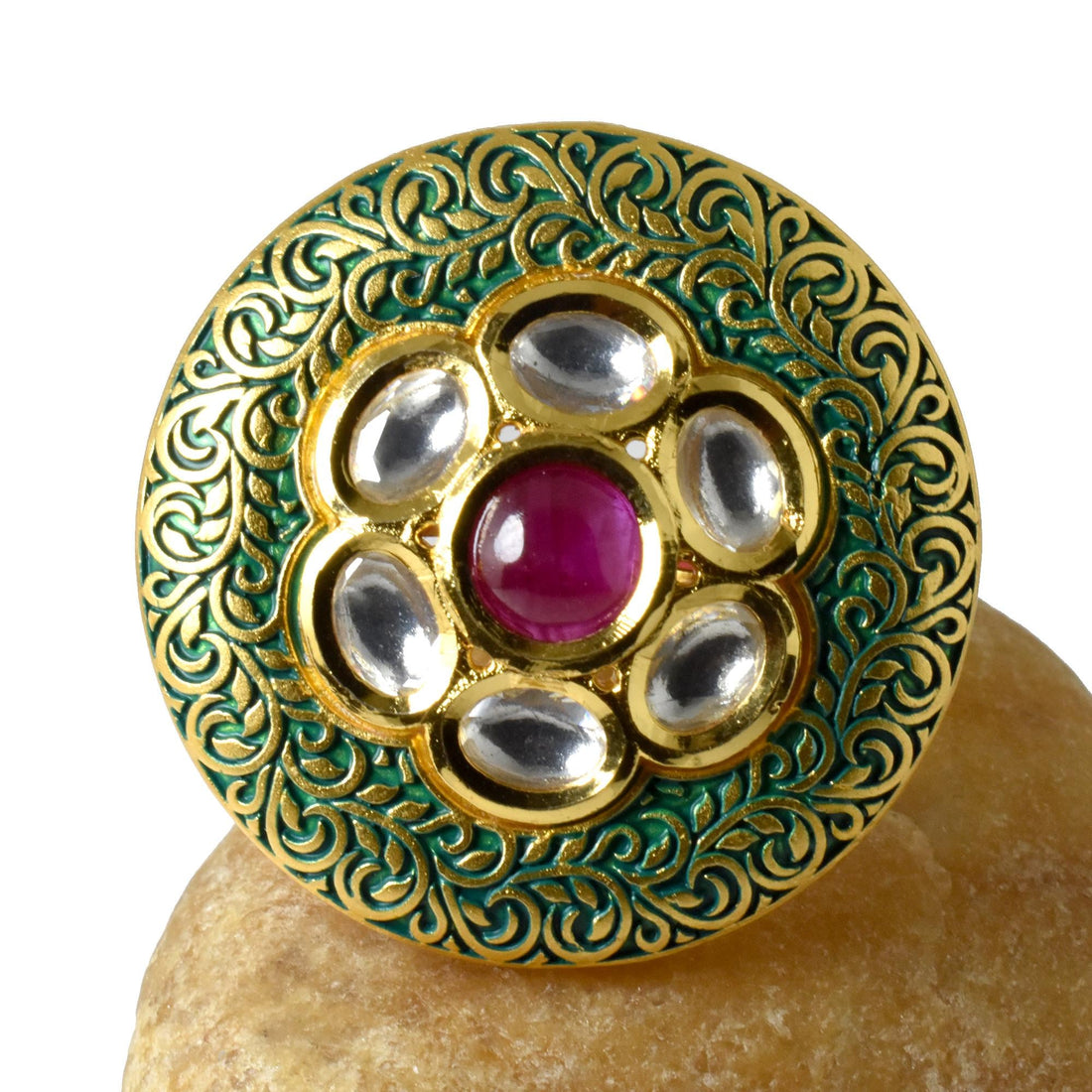 22K Gold Plated Kundan Polki CZ Ring | Indian Ethnic Bridal Statement Jewelry | Wedding Engagement Ring | Party Wear Ring | Gift For Women — 6