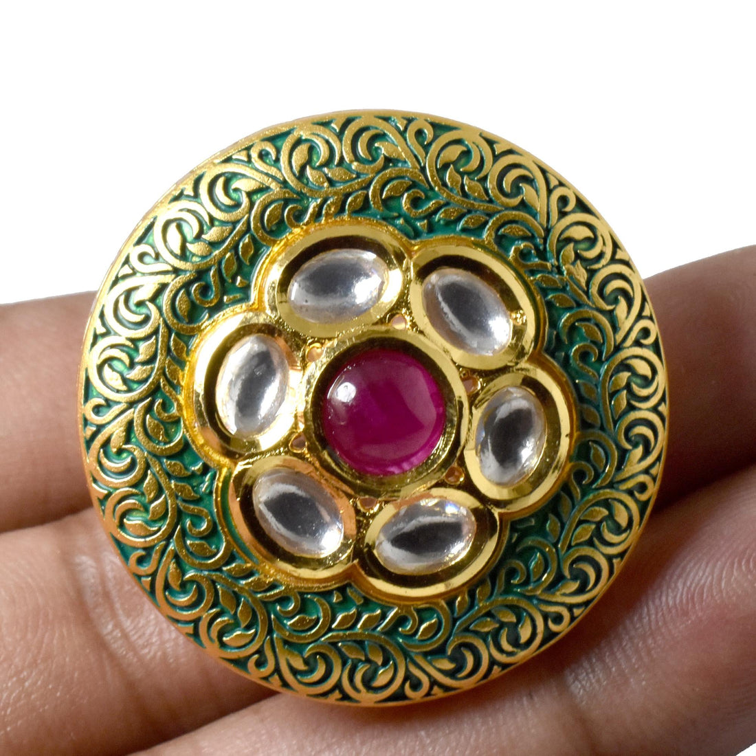 22K Gold Plated Kundan Polki CZ Ring | Indian Ethnic Bridal Statement Jewelry | Wedding Engagement Ring | Party Wear Ring | Gift For Women — 5