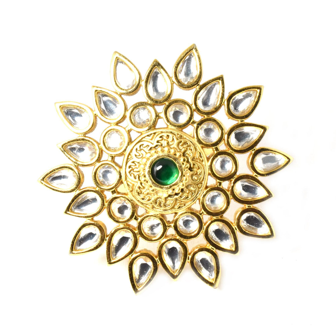 Emerald & Polki CZ Diamond Ring: 22k Gold Plated Adjustable Statement Ring | Gift For Her — 3