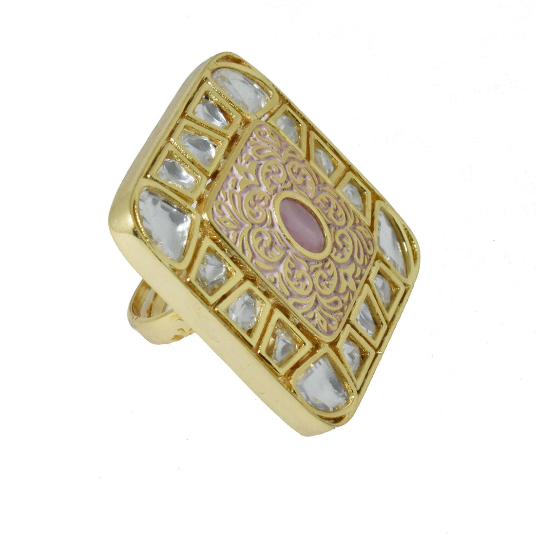 Traditional Pink Meenakari Kundan Ring | Adjustable Handcrafted Indian Bridal Jewelry | 22K Gold Plated Wedding Statement Ring |Gift For Her — 8