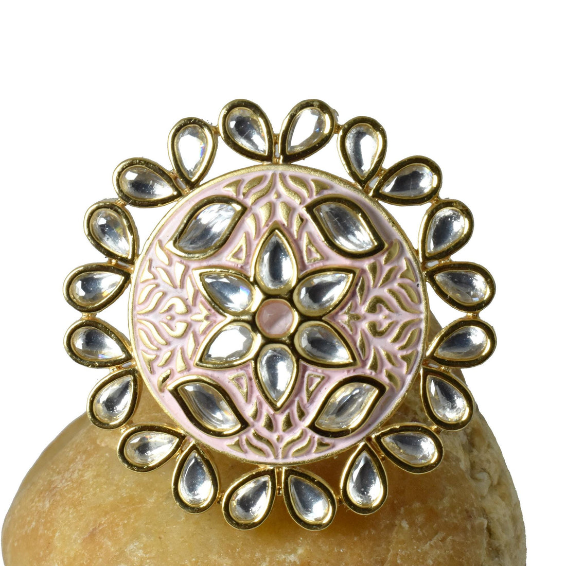 Traditional Mint Pink Kundan Ring | Adjustable Handcrafted Indian Bridal Jewelry | 22K Gold Plated Statement Ring | Anniversary Gift — 5