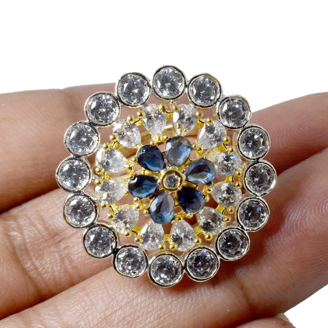 Sapphire CZ Diamond Ring: 22k Gold Plated Indian Jewelry — 4