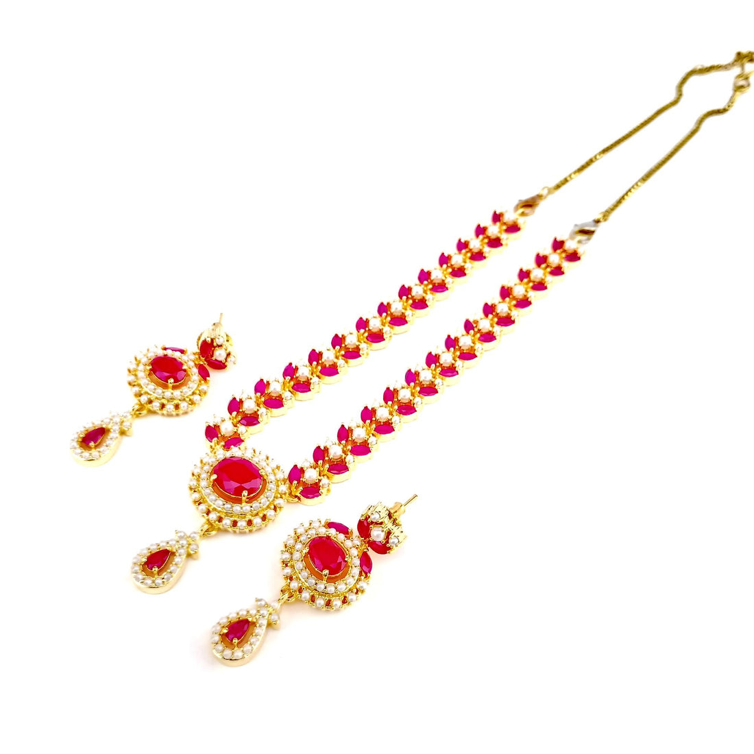 South Indian 22K Gold Plated Ruby Pearl Long Necklace | Traditional Bridal Haram | Wedding Engagement Jewelry | Party Wear Necklace — 7