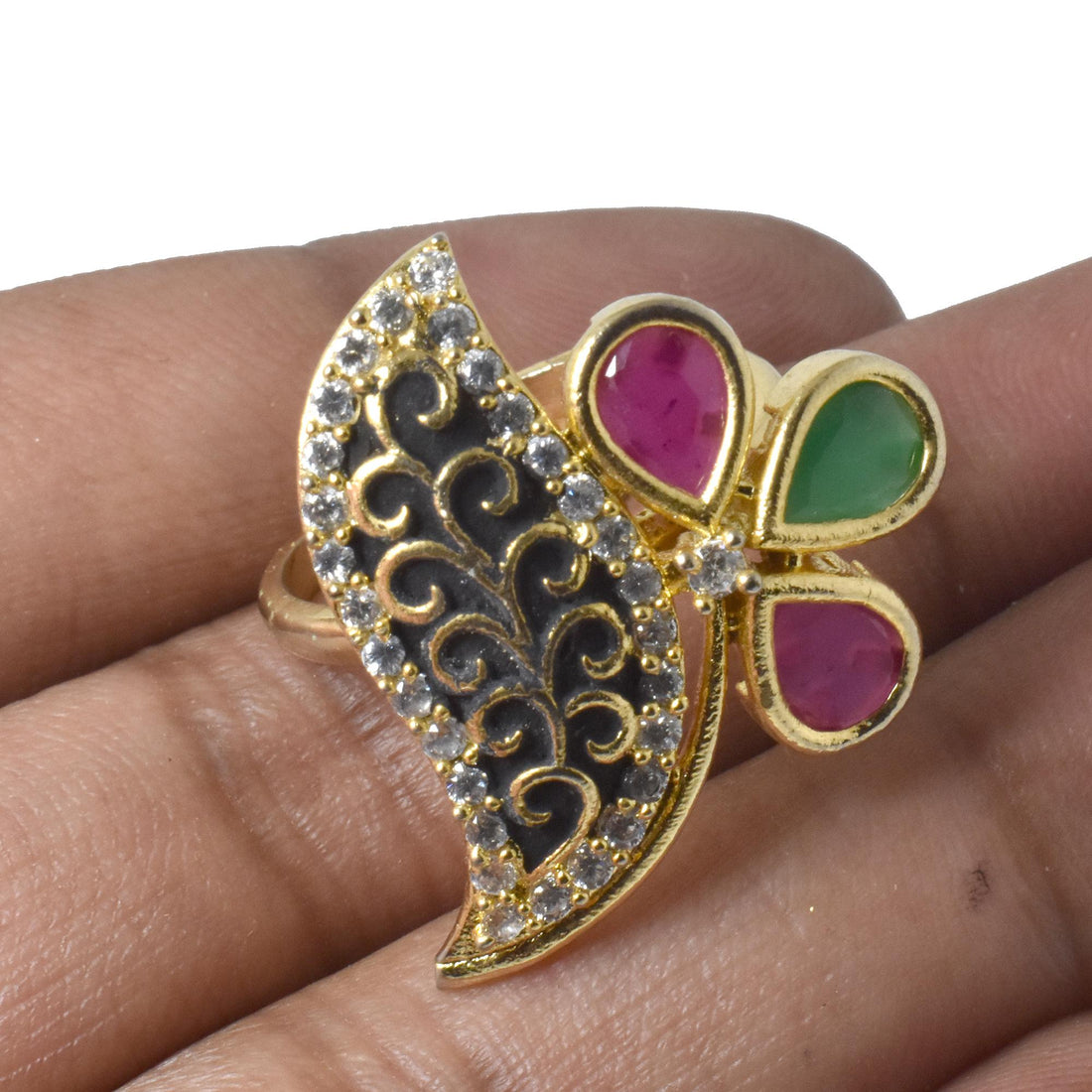 Vintage Style Ruby Emerald Ring: Gold Plated Cocktail Statement Ring — 4