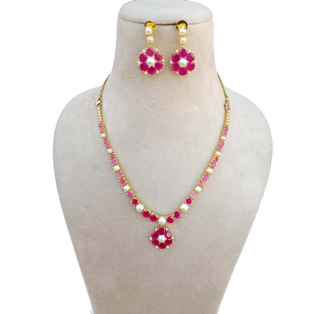 Gold Plated Ruby Pearl Floral Necklace | South Indian Lightweight Bridal Jewelry | Traditional Wedding Wear | Ruby Necklace | Gift for Her — 2