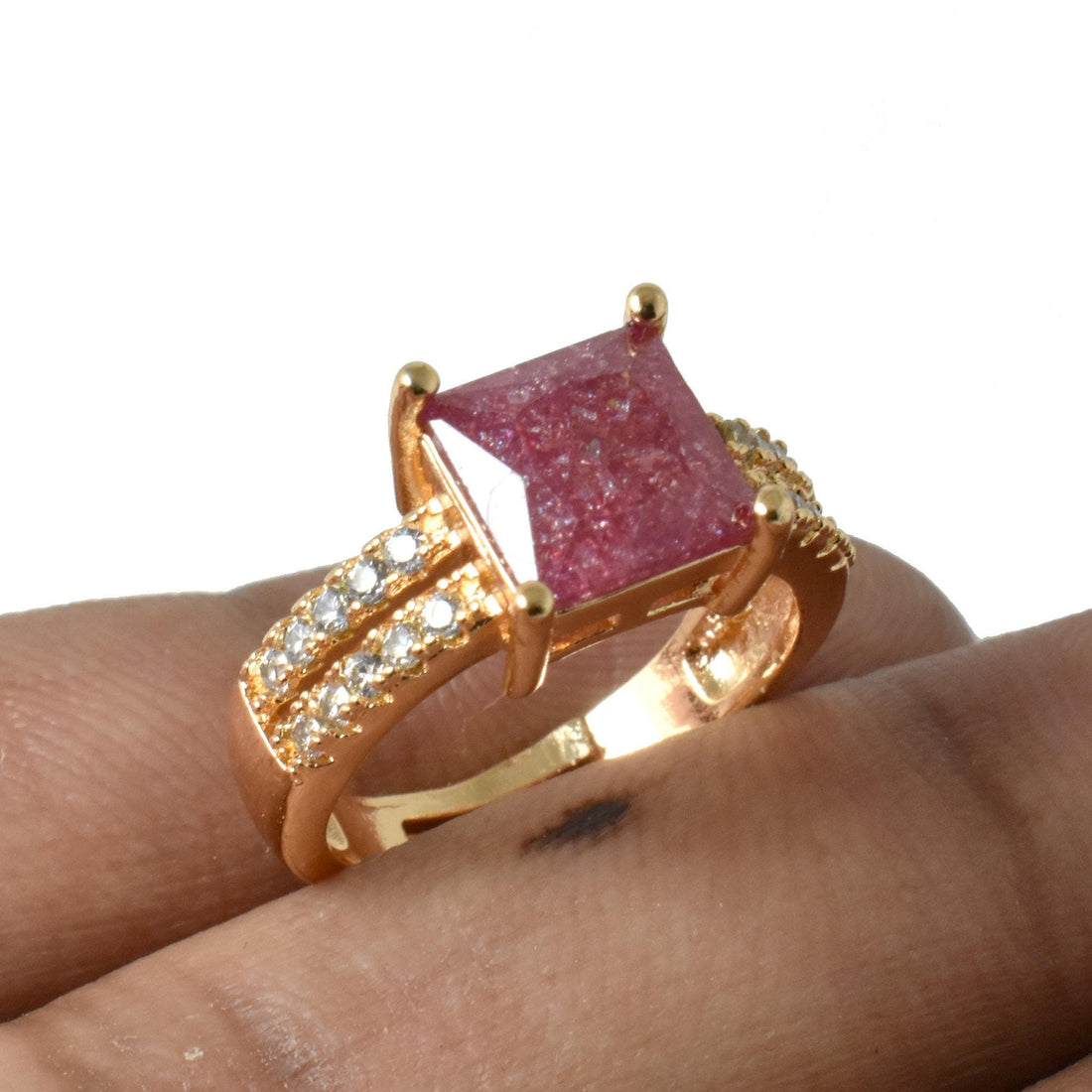 Ruby & CZ Ring: 22k Gold Plated Adjustable Statement Ring — 3