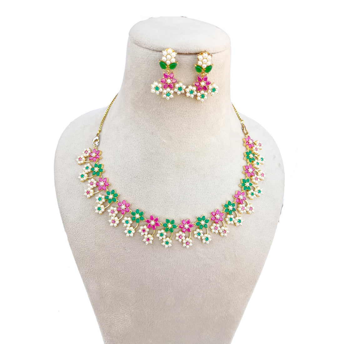 Gold Plated Multicolor Stone & Pearl Necklace Set | Indian Bridal Wedding Jewelry | Traditional Ethnic Statement Necklace | Gift For Her — 2