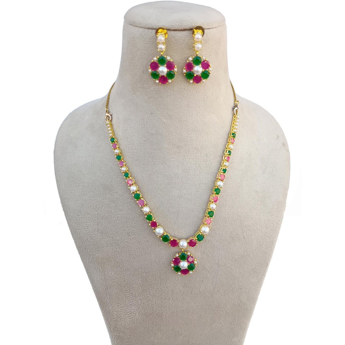 Gold Plated Handmade Ruby Emerald Pearl Necklace Set | Traditional Ethnic Bridal Wedding Jewelry | Statement Necklace | Gift For Women — 5
