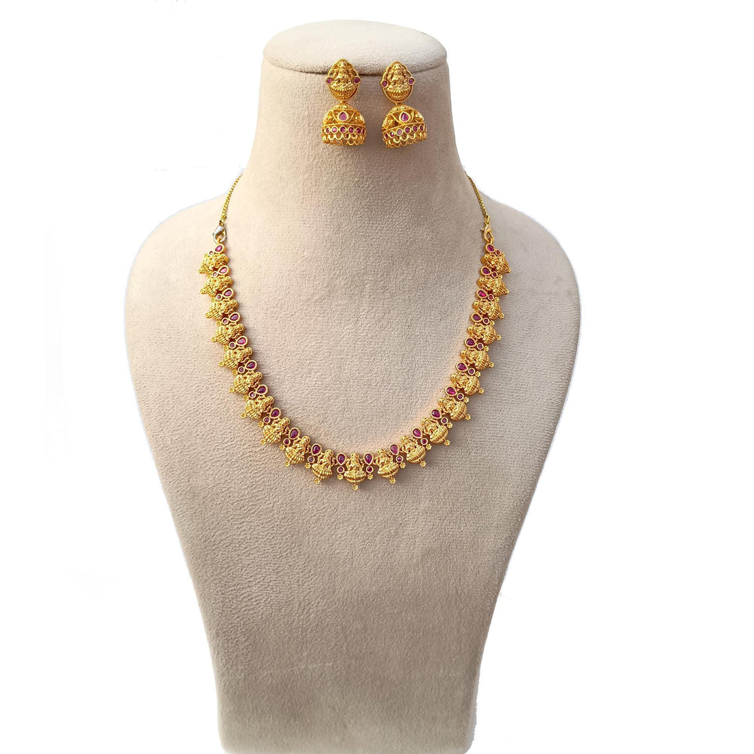 Goddess Lakshmi Ruby Necklace Set | 22k Gold Plated South Indian Temple Jewelry | Traditional Bollywood Style Bridal Necklace — 4