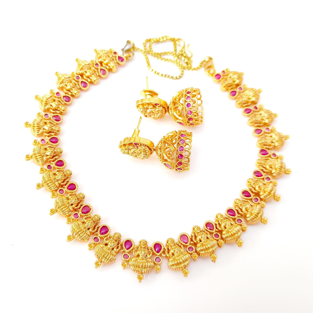 Goddess Lakshmi Ruby Necklace Set | 22k Gold Plated South Indian Temple Jewelry | Traditional Bollywood Style Bridal Necklace — 8