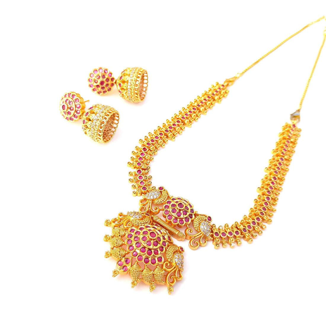 22k Gold Plated Ruby Necklace Set | South Indian Traditional Bollywood Style Jewelry | Gift for Her | Gold Plated Necklace Set for Women — 6